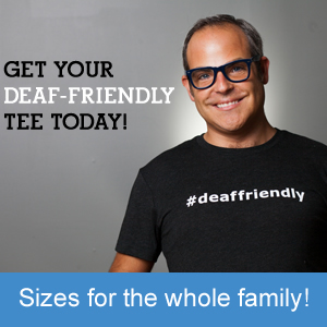 Middle aged man with glasses and wearing a black #deaffriendly tee shirt.