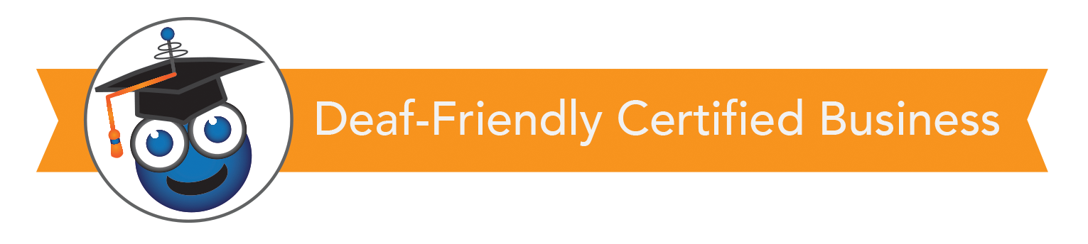 deaffriendly Certified Deaf Friendly Business logo with orange banner behind it. 