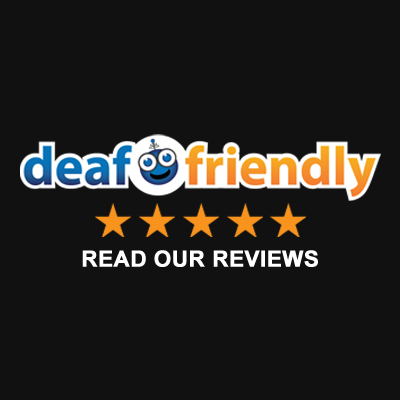 Black box with deaffriendly logo and Read Your Reviews in white captions below.
